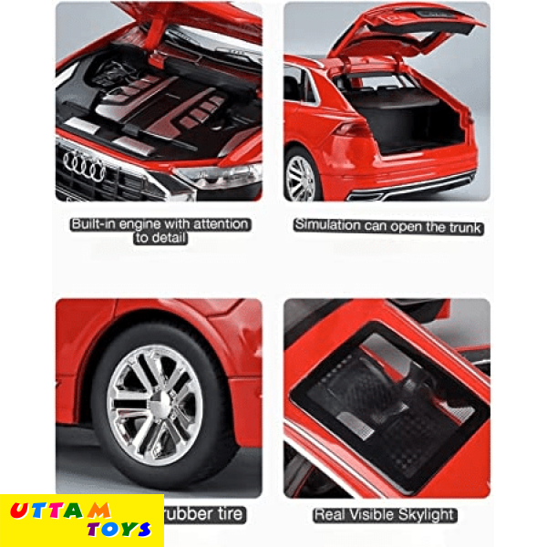 Uttam Toys PLUSPOINT Diecast Audi Q8 Toy Car Scale Model,Pull Back Vehicles Alloy Simulation Supercar with Lights and Sound Also for Car Dashboard,Kids,Adult (Audi-Q8-Red)