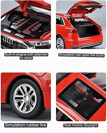 Uttam Toys PLUSPOINT Diecast Audi Q8 Toy Car Scale Model,Pull Back Vehicles Alloy Simulation Supercar with Lights and Sound Also for Car Dashboard,Kids,Adult (Audi-Q8-Red)