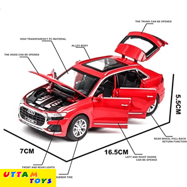 Uttam Toys PLUSPOINT Diecast Audi Q8 Toy Car Scale Model,Pull Back Vehicles Alloy Simulation Supercar with Lights and Sound Also for Car Dashboard,Kids,Adult (Audi-Q8-Red)