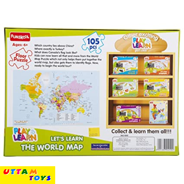 product featue image World Map Puzzle Comes with 105 puzzle pieces, this floor sized puzzle will help your child learn about the countries and their flags. product featue image Puzzle Let your kids or parents train their problem solving and thinking skills with this floor puzzle, or use it as a way to relieve stress after a long day at work. It's great for the whole family product featue image A Gift Everyone Will LOVE jigsaw puzzles are the perfect choice! Give your loved ones hours of entertainment. product featue image Recommended for kids aged above 6+ This Jigsaw Puzzle is recommended for kids aged above 6+. It helps to improve geographical knowledge.