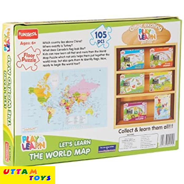 product featue image World Map Puzzle Comes with 105 puzzle pieces, this floor sized puzzle will help your child learn about the countries and their flags. product featue image Puzzle Let your kids or parents train their problem solving and thinking skills with this floor puzzle, or use it as a way to relieve stress after a long day at work. It's great for the whole family product featue image A Gift Everyone Will LOVE jigsaw puzzles are the perfect choice! Give your loved ones hours of entertainment. product featue image Recommended for kids aged above 6+ This Jigsaw Puzzle is recommended for kids aged above 6+. It helps to improve geographical knowledge.