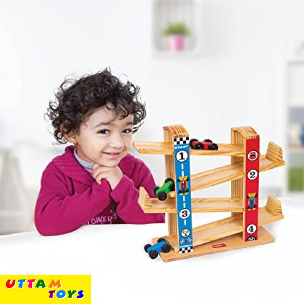 Funskool Giggles - Ramp Racer, Wooden Racing Toy with 3 Mini Cars