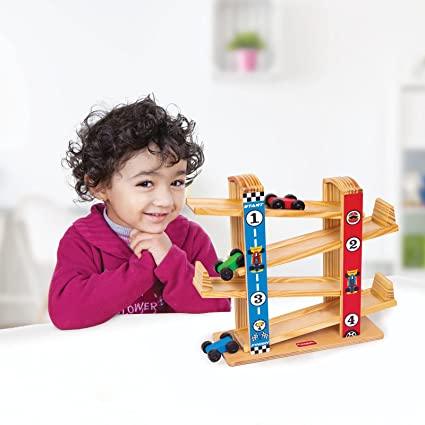 Funskool Giggles - Ramp Racer, Wooden Racing Toy with 3 Mini Cars