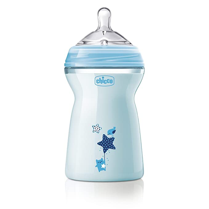 Chicco Natural Feeling Baby Milk Feeding Bottle with Wide Neck, Anti-Colic for Easy Milk Flow, For Babies & Toddlers 6m+, 330ml (Blue)