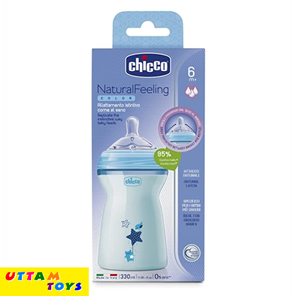 Chicco Natural Feeling Baby Milk Feeding Bottle with Wide Neck, Anti-Colic for Easy Milk Flow, For Babies & Toddlers 6m+, 330ml (Blue)