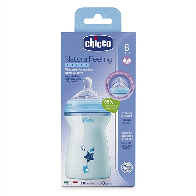 Chicco Natural Feeling Baby Milk Feeding Bottle with Wide Neck, Anti-Colic for Easy Milk Flow, For Babies & Toddlers 6m+, 330ml (Blue)