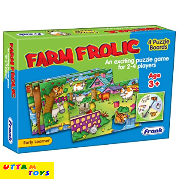 Frank Farm Frolic – 4 Puzzle Boards, 24 Animal Pieces, 1 Spinner Board, Early Learner Educational Puzzle Set with Animal Images