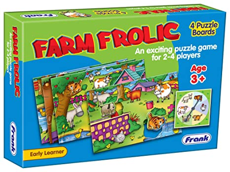 Frank Farm Frolic – 4 Puzzle Boards, 24 Animal Pieces, 1 Spinner Board, Early Learner Educational Puzzle Set with Animal Images