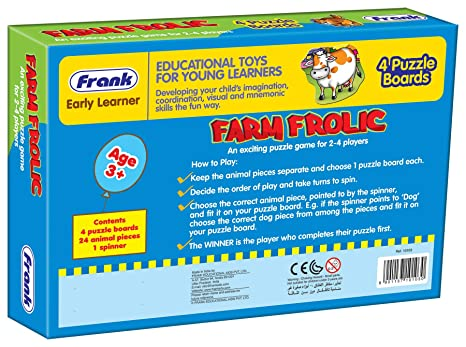 Frank Farm Frolic – 4 Puzzle Boards, 24 Animal Pieces, 1 Spinner Board, Early Learner Educational Puzzle Set with Animal Images