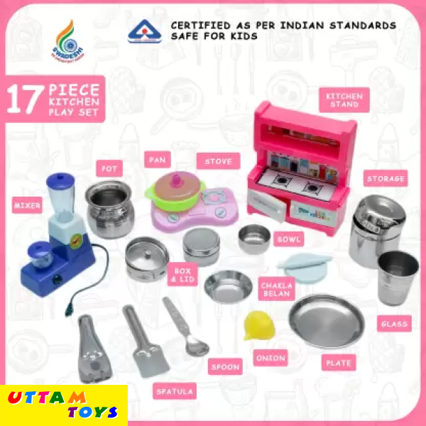 Sunny India today 17 pieces steel & plastic combo kitchen set for kids. A perfect kitchen set for hours of roleplay