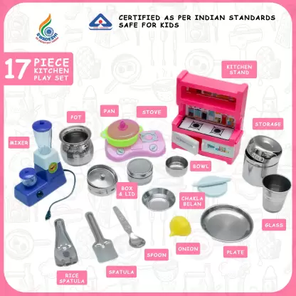 Sunny India today 17 pieces steel & plastic combo kitchen set for kids. A perfect kitchen set for hours of roleplay