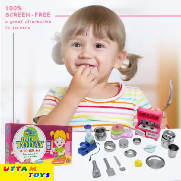 Sunny India today 17 pieces steel & plastic combo kitchen set for kids. A perfect kitchen set for hours of roleplay