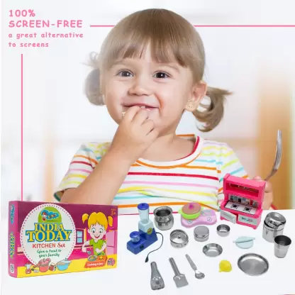 Sunny India today 17 pieces steel & plastic combo kitchen set for kids. A perfect kitchen set for hours of roleplay