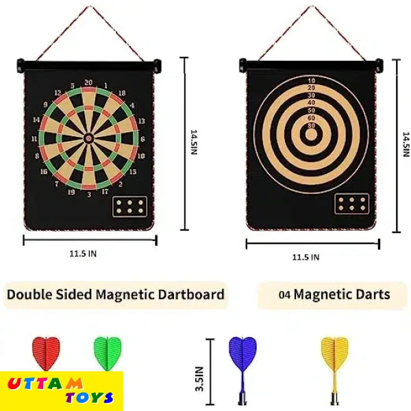D-Dart Magnetic Roll-up Double Sided Hanging Dart Board Set 17 inches and Bullseye Game with Darts