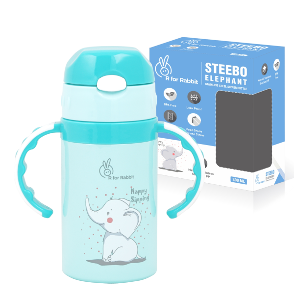 R For Rabbit Steebo Elephant SS Baby Spout Sipper 300 ML (Blue)