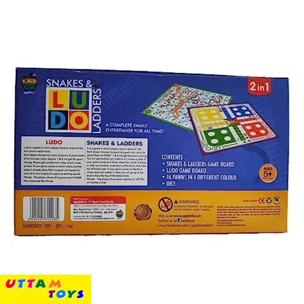 Applefun 2 in 1 Ludo Plus Snakes and Ladders, Multi Color