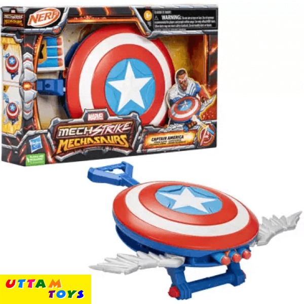 Hasbro Marvel Mech Strike Mechasaurs Captain America Redwing Nerf Blaster with 3 Darts-Ages 5+