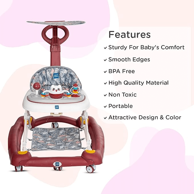 Mee Mee Premium Baby Walker with Rocker & Rocking Walker 3 Level Height Adjustment - Red