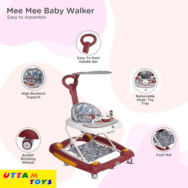 Mee Mee Premium Baby Walker with Rocker & Rocking Walker 3 Level Height Adjustment - Red