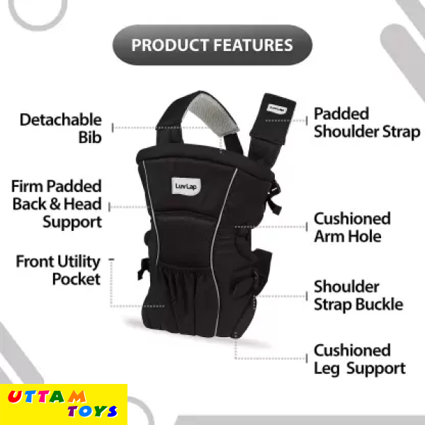 LuvLap Blossom Baby Carrier with Front & Back carry positions for 6 to 24 months baby, Baby Carrier (Black, Front Carry facing in)