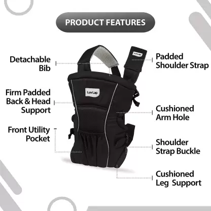 LuvLap Blossom Baby Carrier with Front & Back carry positions for 6 to 24 months baby, Baby Carrier (Black, Front Carry facing in)