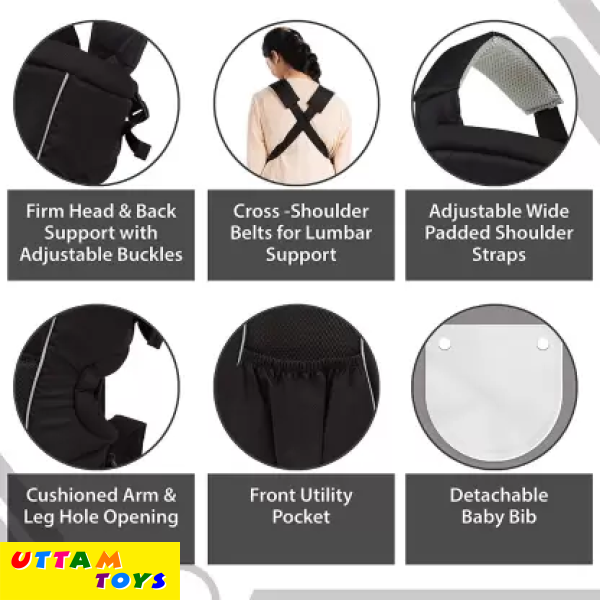 LuvLap Blossom Baby Carrier with Front & Back carry positions for 6 to 24 months baby, Baby Carrier (Black, Front Carry facing in)