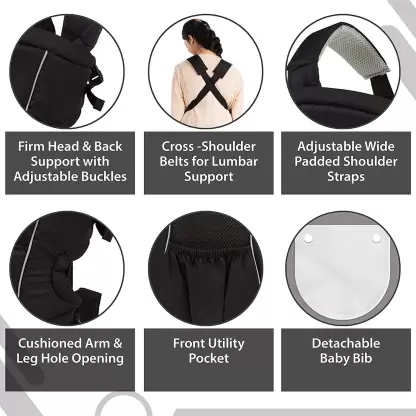 LuvLap Blossom Baby Carrier with Front & Back carry positions for 6 to 24 months baby, Baby Carrier (Black, Front Carry facing in)