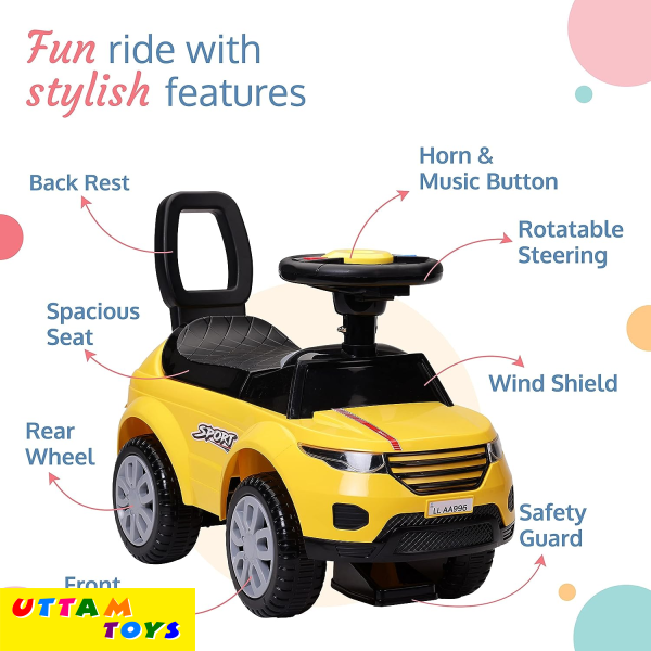 LuvLap Starlight Ride on & Car for Kids with Music & Horn Steering, Push Car for Baby with Backrest, Safety Guard, Under Seat Storage & Big Wheels, Ride on for Kids 1 to 3 Years Upto 25 Kgs (Yellow)