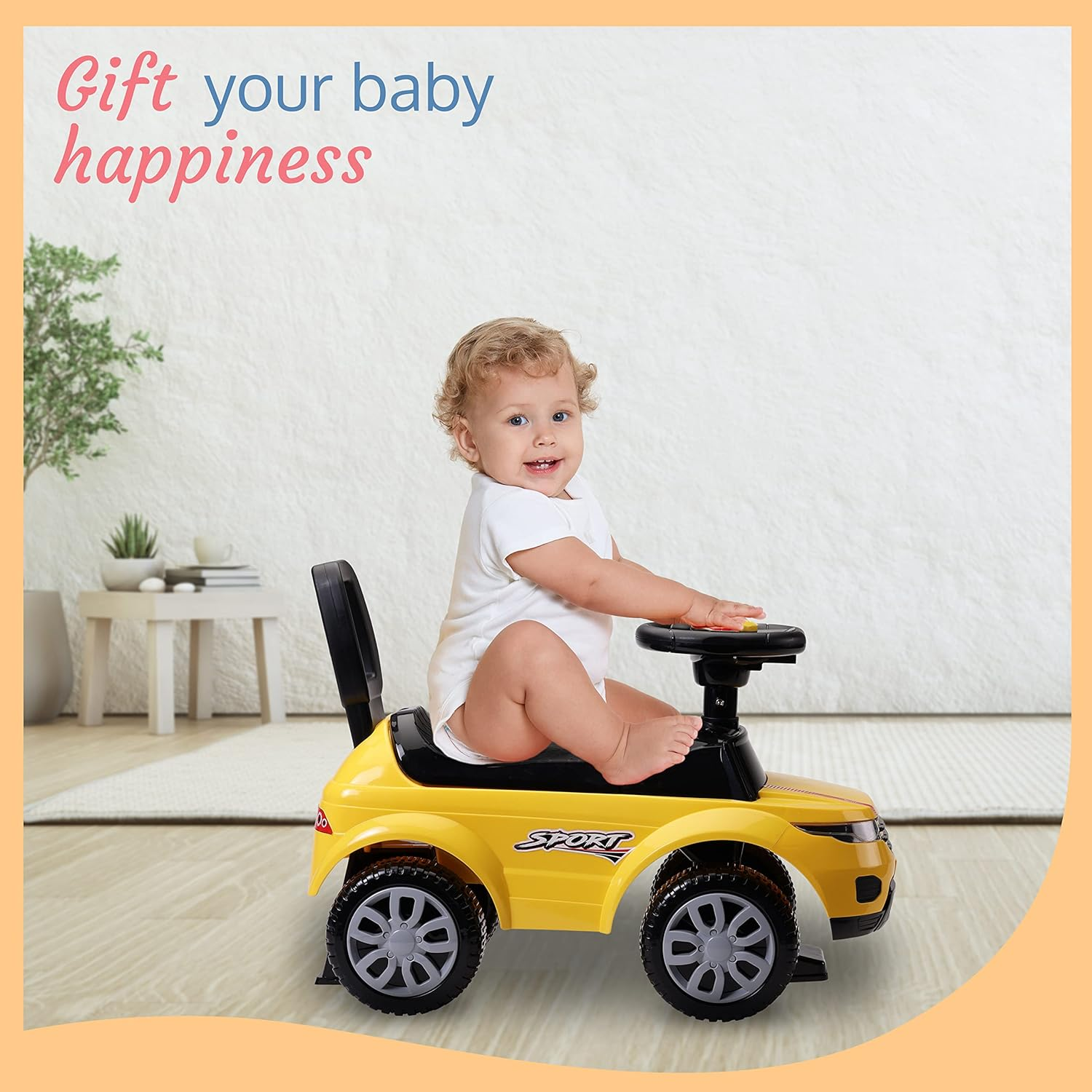 LuvLap Starlight Ride on & Car for Kids with Music & Horn Steering, Push Car for Baby with Backrest, Safety Guard, Under Seat Storage & Big Wheels, Ride on for Kids 1 to 3 Years Upto 25 Kgs (Yellow)