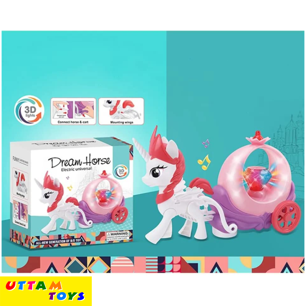 Battery Operated Dream Horse with Buggy Cart Vehicle Toy with 3D Light, Music, Bump & go Action for Kids|Boys|Girls (Color-as per Availability).