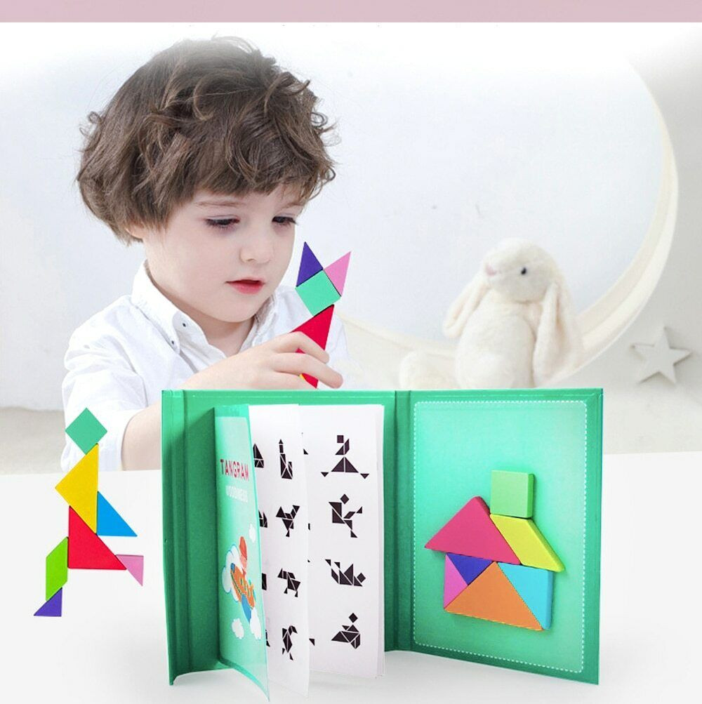 NEW Wooden Pattern Tangram Magnetic Puzzle,Wooden Tangram Puzzle Book Toys Kids